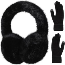 Fluffy Winter Ear Muffs Gloves Set for Women Adjustable Soft Warm Faux Black