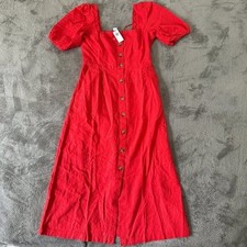 NWT Old Navy Linen Blend Square Neck Button Front Midi Dress XS Red Orange