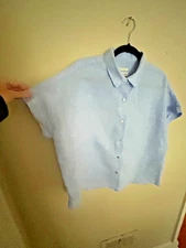 Real Housewife Rachel Zoe Shirt Women's Size L Light Blue Linen Classic Collared