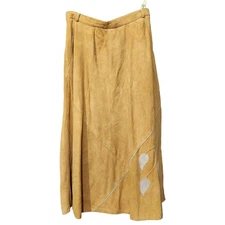 Vintage Echt Leder Suede Skirt Sz EU 38 US 8 – Leaf Appliqué, Mid-Length, Boho 