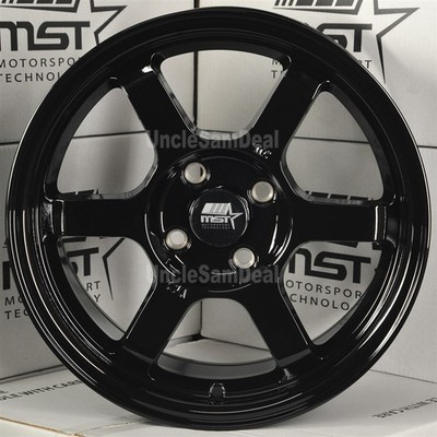 15x8 35 OFFSET 4x100 MST MT01 GLOSS BLACK W/LIP 6 SPOKES SPORT WHEELS SET OF 4