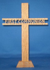 First Communion Cross - Hand Cut Oak w/ Stand