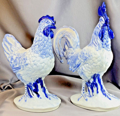 英国ヴィンテージ ピューター製 鶏フィギュリン ペア Beautiful Vintage Pennsbury Pottery Rooster & Hen Blue
