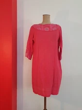 VINTAGE Authentic Boho Dress Pink S-M Linen/ Raw Silk Look Hand Embroidery