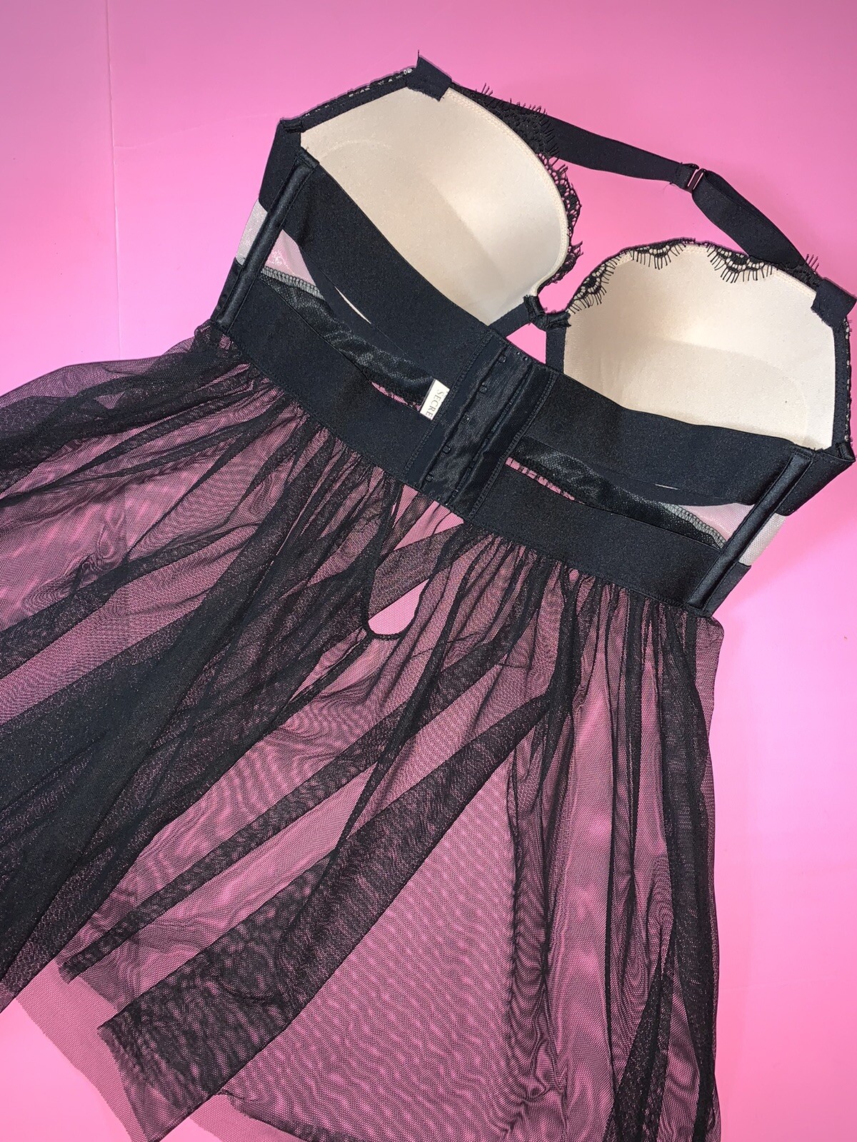 Victoria's Secret 34D BRA SET+S strappy thong+BABYDOLL+ROBE Black lace VERY SEXY image 8