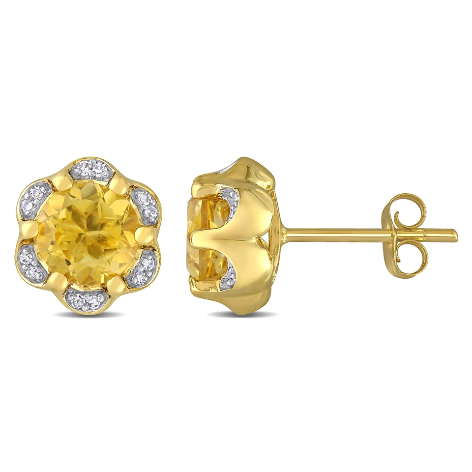 Aretes Amour de oro amarillo de 14 k con detalles de citrino y diamantes con flores