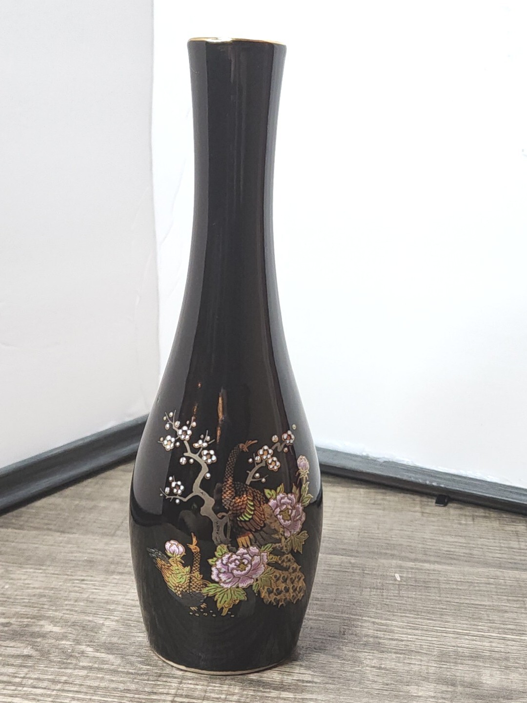 Asahi Japanese Vase Handpainted Pheasant Peacock Flowers Black Vase Gold Trim