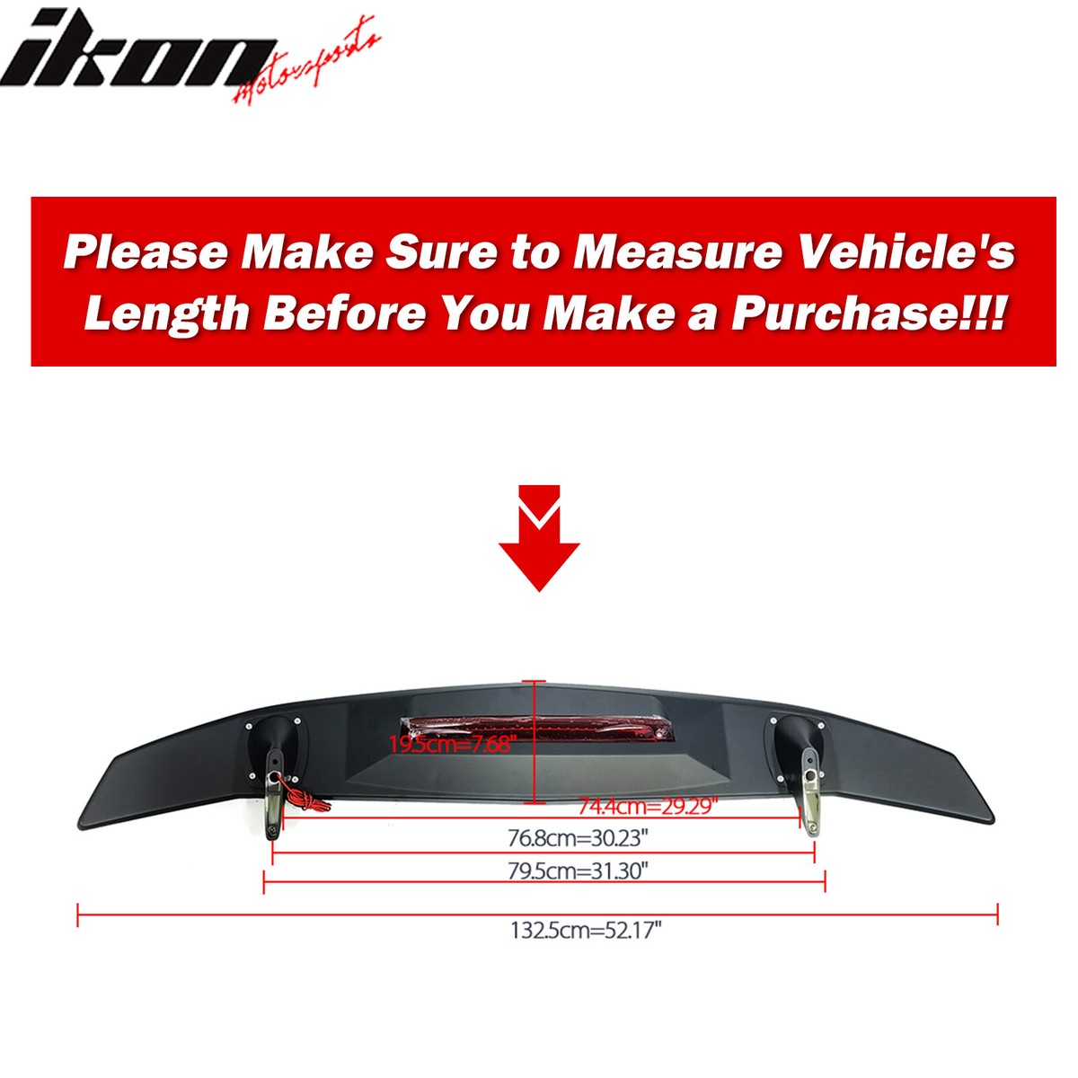 Universal 52-Inch 2-Post Rear Trunk Spoiler With 3rd Brake LED Light - Matte Black ABS Plastic