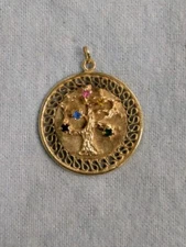Vtg. 14K Gold Jeweled Tree Of Life Pendant Charm 1 1/16" Wide