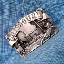Missouri Belt Buckle Sternwheel Riverboats Wildlife Fishing Vtg Siskiyou .SHY559