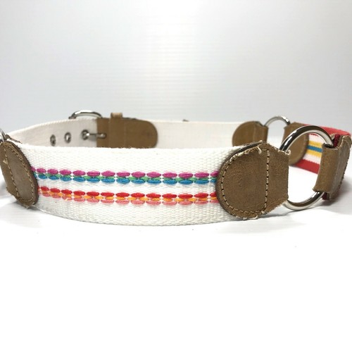 Women's Belt Medium Brown Pink Green Canvas Floral O Ring Accents Jeans Casual - Picture 7 of 11