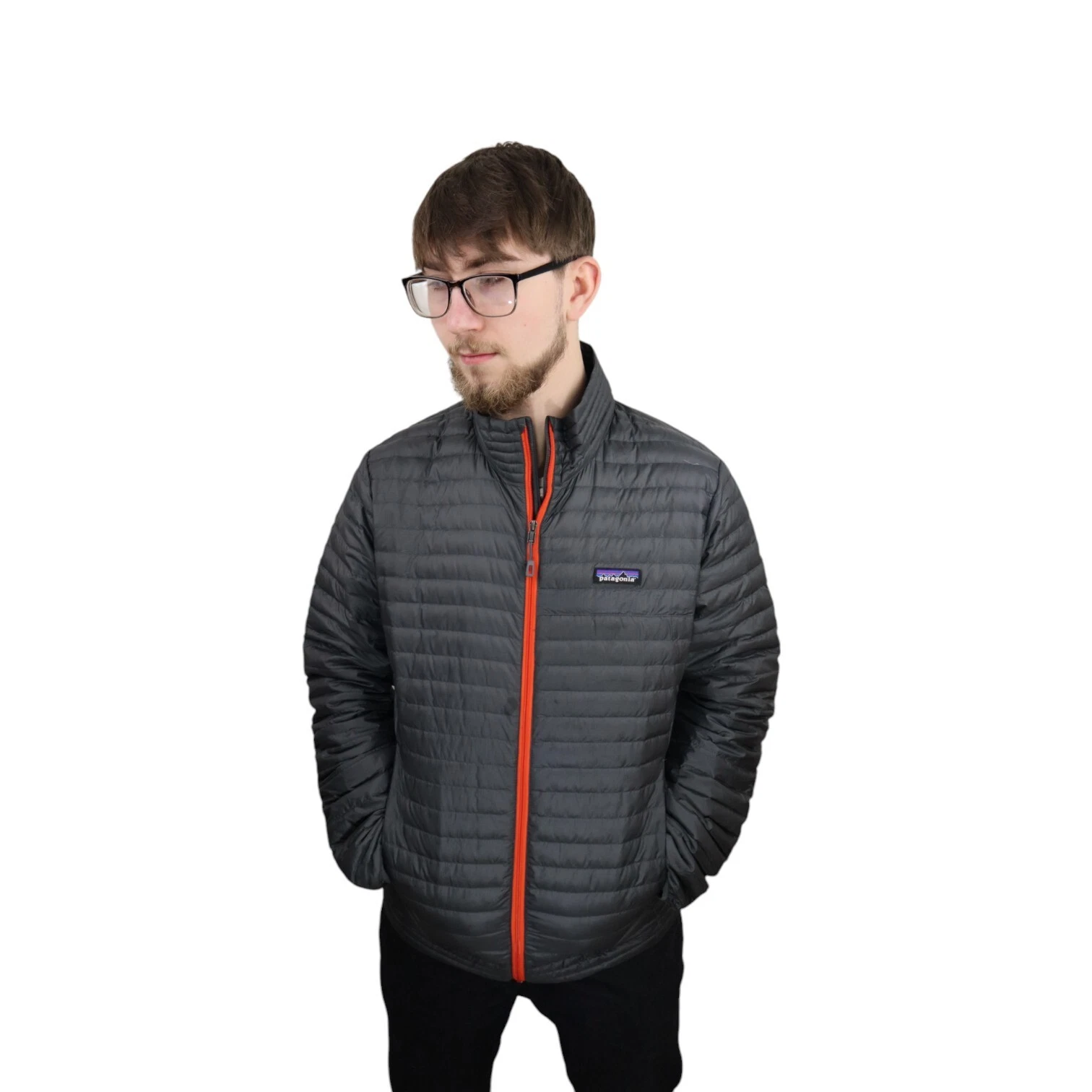 Patagonia Down Quilted Lightweight Puffer Shirt Jacket Mens Sz Small Gray Orange