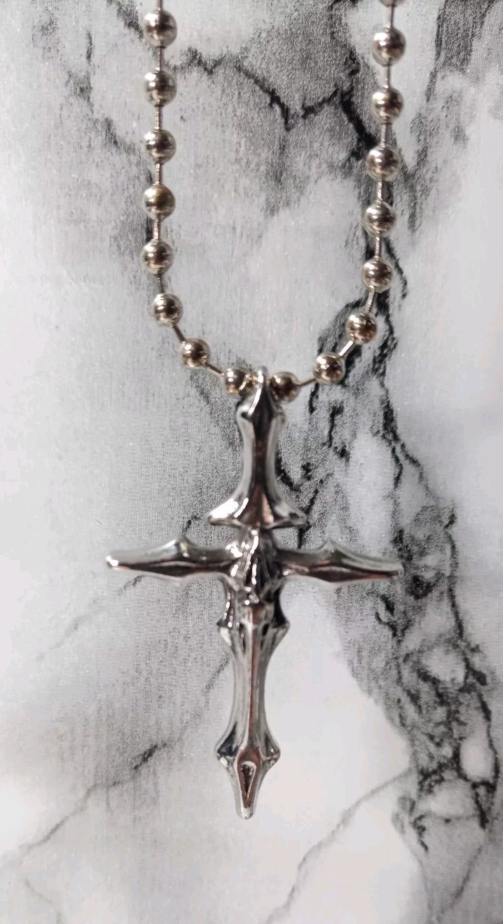Exclusively Steel Bead Ball Necklace With Gothic Skull Cross Pendant