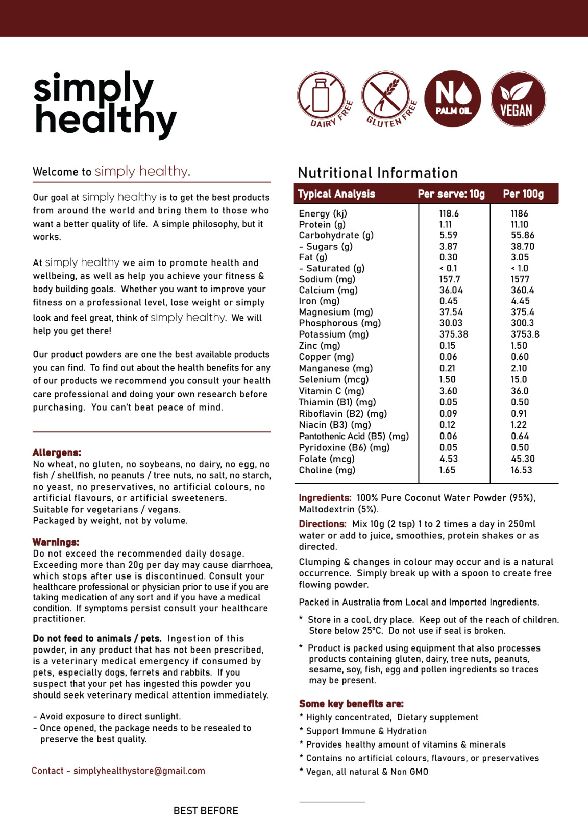 Coconut Water Powder 1kg, Simply Healthy, Natural Sports Electrolyte Drink