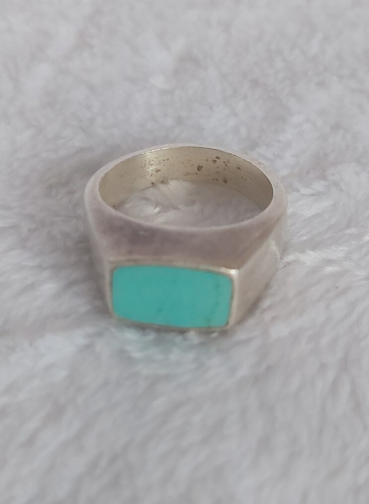 Antique Silver And Turquoise Rectangular Ring - image 2