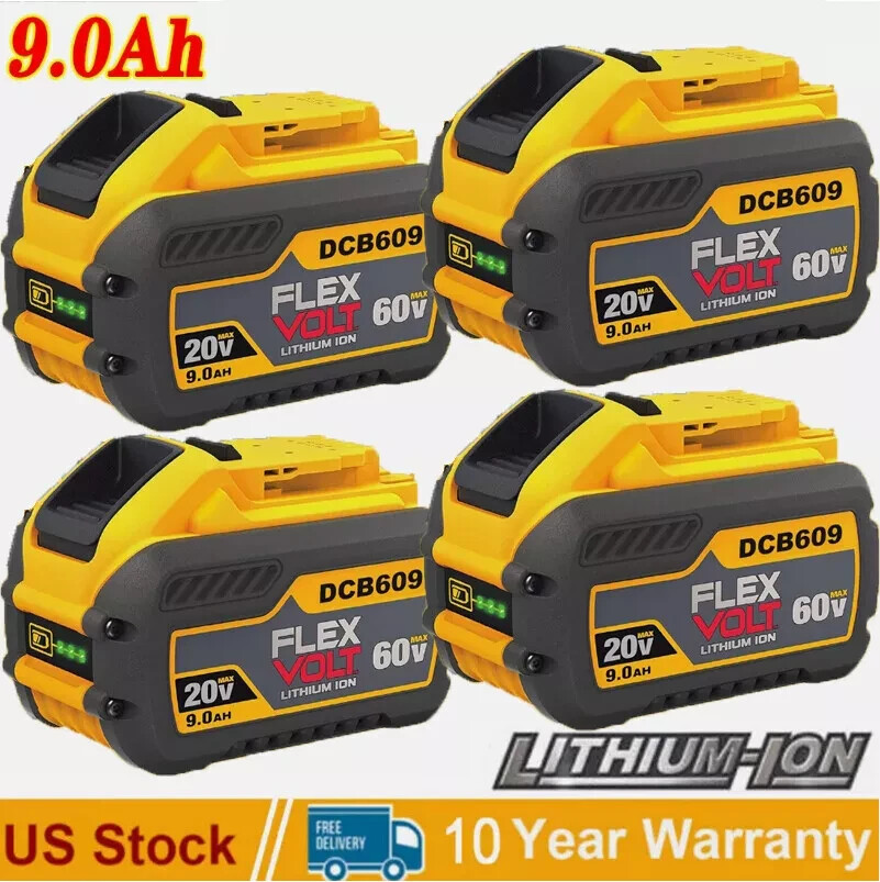 4-Pack 9.0Ah DeWalt FLEXVOLT 20V/60V MAX Lithium-ion Battery DCB609 DCB606-2 Replacement