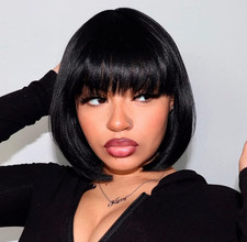 Natural Black Bob Wig With Bangs Short Straight Yaki Synthetic Heat Resistant
