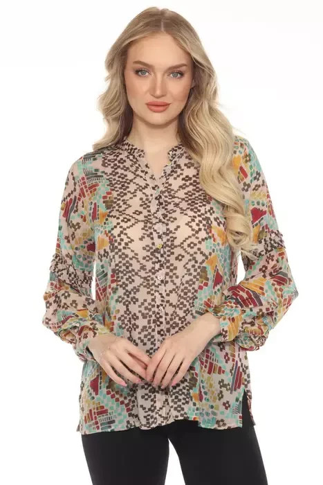 JOHNNY WAS Women's Malina Button Front Geometric Print Long Sleeve Blouse $270