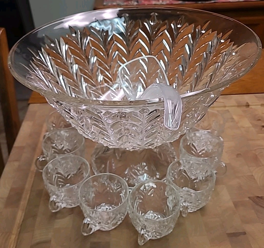 Vintage Cut Glass Large Punch Bowl Set with Pedestal 12 Glasses and Ladle