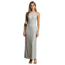 Silver Blue Maxi Dress Womens M Halter Backless Y2K Shimmer Slip Gown
