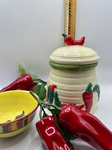Vintage Decorative Ceramic Lot Jar With Raised Chili Peppers🌶️4 Piece Bowl GUC - Picture 7 of 24