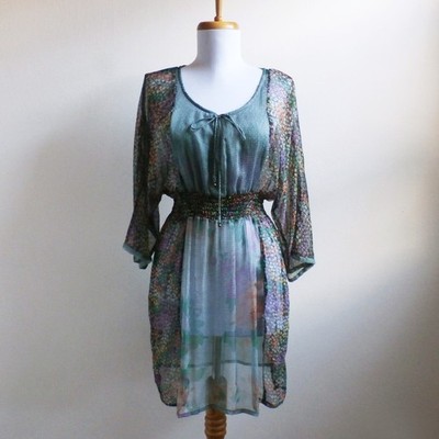 DEPT Sheer Green Floral Print Bohemian Tunic Dress Kimono Sleeve Smocked Waist