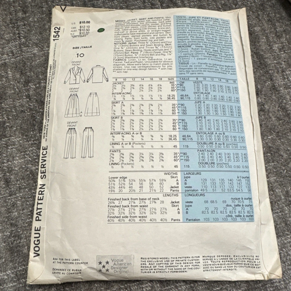 FREE SHIP! 1542 Vogue Patterns American Designer Anne Klein Size 10 - Image 2 of 2