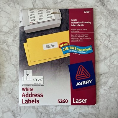 Avery 5260 White Laser Address Labels 30 Labels Per Sheet 20 Unused Sheets