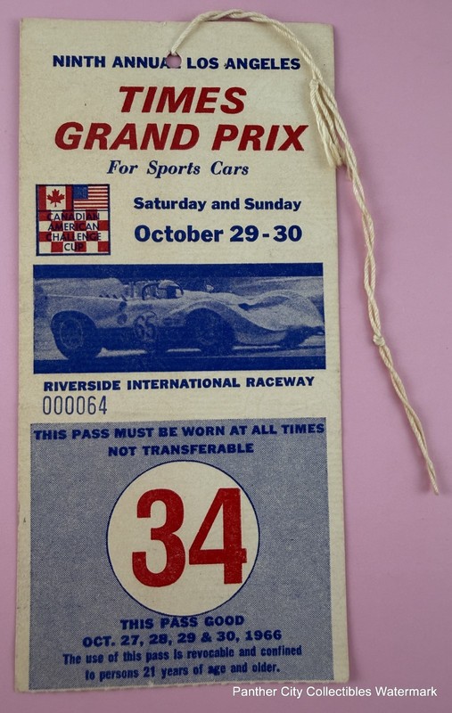 Original 1966 Ticket 9th Annual Los Angeles Times Grand Prix Racing Sports Cars