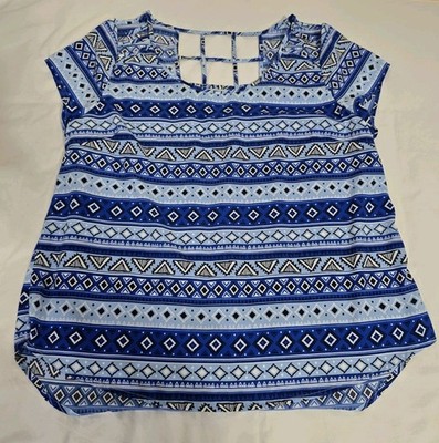 Mine Too Women's 2XL Blue Geometric Print Blouse