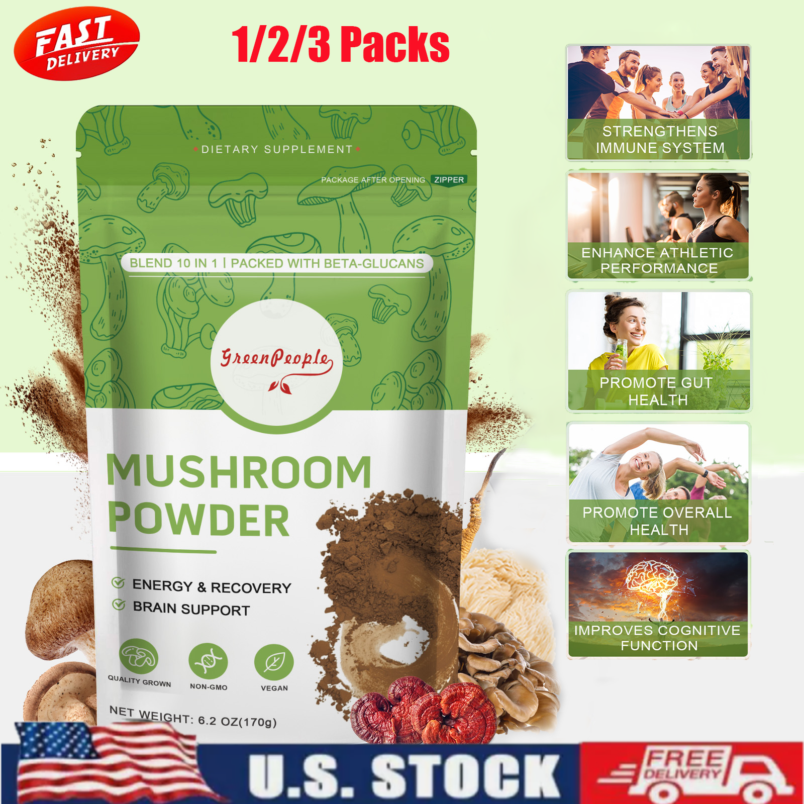 Organic 10 Mushroom Coffee Powder with Lions Mane Chaga Reishi for Brain Energy & Health