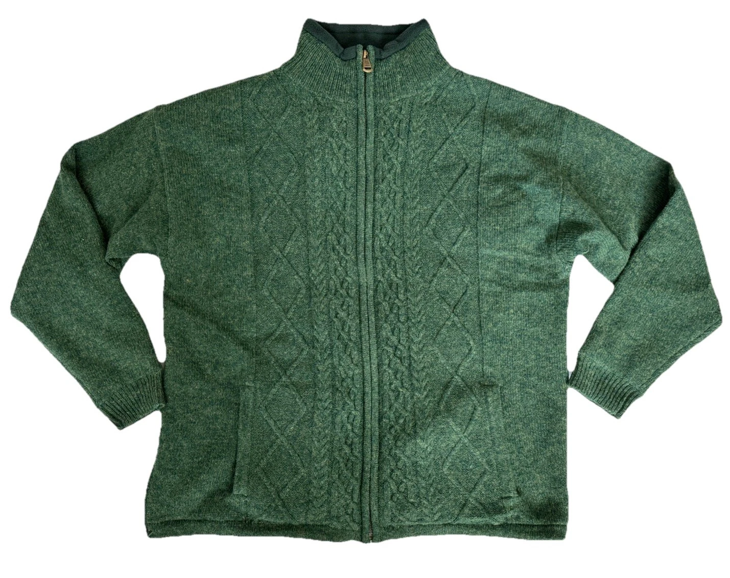 New Aran Woollen Mills Shetland Wool Full Zip Cardigan XL Green Lined Sweater