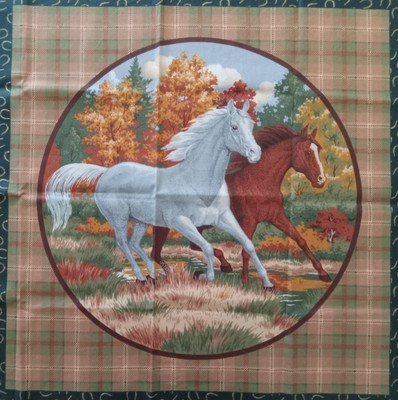 Vintage ~''Horseshoe Bend''~''#2 - Pair of Horses''~ Cotton Fabric Panel ~ 16''x16''