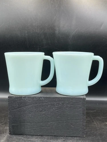 Two 2 Fire King Vintage Delphite Turquoise Blue Milk Glasse D Handle Mugs