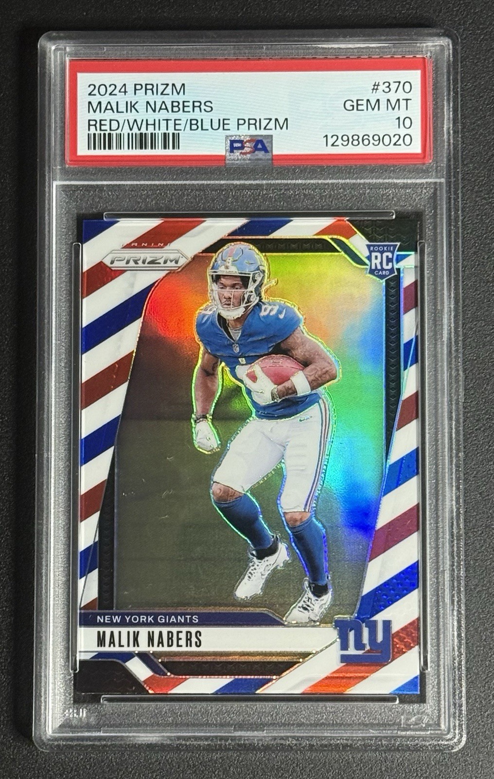 Malik Nabers 2024 Panini Prizm #370 Red White Blue Prizm RC Giants PSA 10