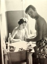 Gay Interest Beefcake Vintage Photo 1960s Two Muscular Men Breakfast Kitchen B&W