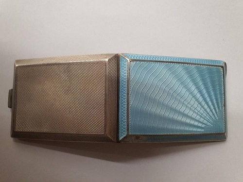 Rare 1934 Sterling Silver Guilloche Enamel Cigarette Case & Matching Vesta Case. - Picture 9 of 11
