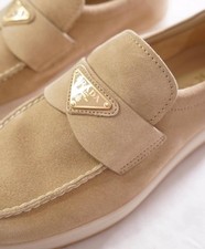 1,070 PRADA - Tan Suede TRIANGLE LOGO Loafers - US 8 UK7