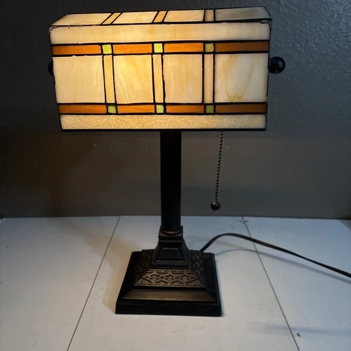 VINTAGE Bronze Banker Lamp Tiffany style Stained Slag Glass Mission Shade Retro
