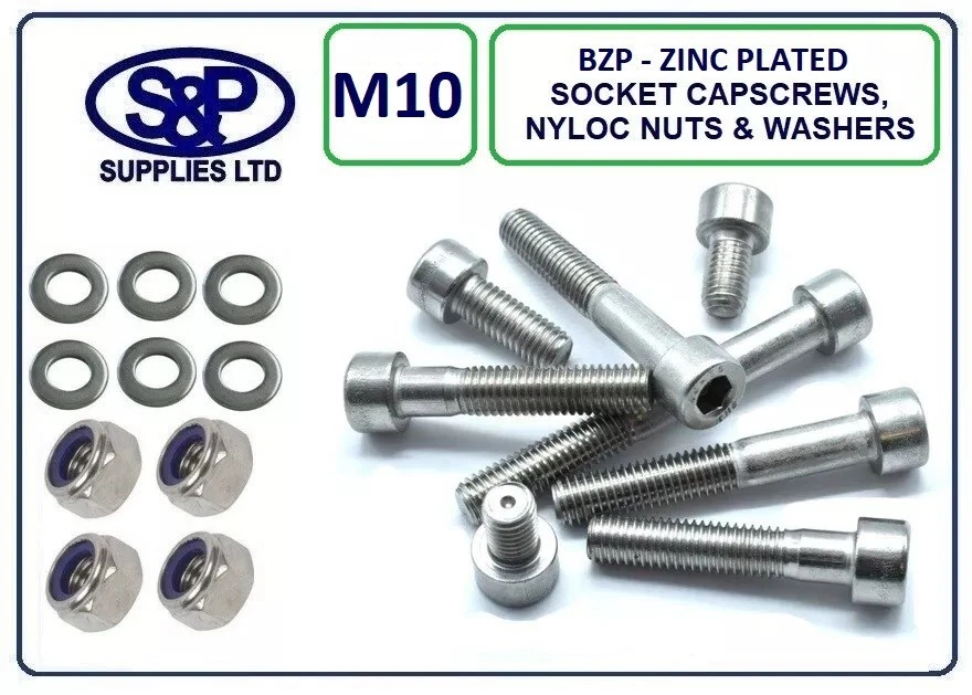 S&P SUPPLIES LTD M10 / 10mm / 10MM SOCKET CAPSCREW BZP COMPLETE WITH NYLOC NUT BZP AND WASHER BZP