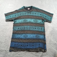 Vintage Southwestern T Shirt Mens M Teal AOP Fruit Aztec Native American Animal