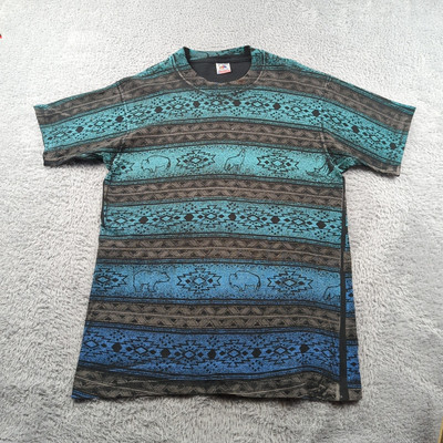 Vintage Southwestern T Shirt Mens M Teal AOP Fruit Aztec Native American Animal
