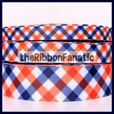 3yds Navy Blue Orange and White Plaid 3/8" 5/8" 7/8" 1.5" 3" Grosgrain Ribbon