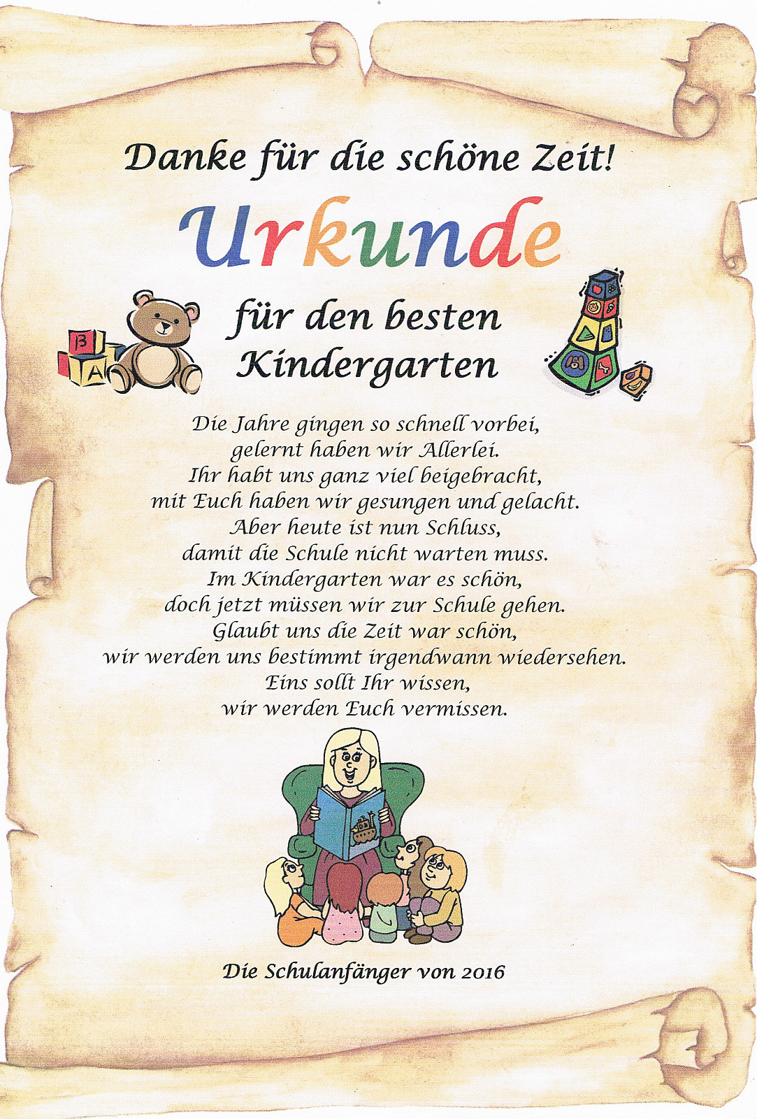 URKUNDE ABSCHIED KINDERGARTEN DANKSAGUNG PERSÖNLICHES GESCHENK 