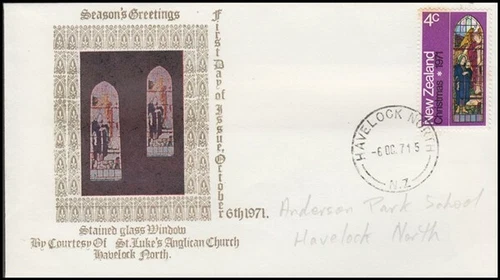 NEW ZEALAND 1971 XMAS FDC STAINED GLASS WINDOW PMK HAVELOCK NORTH (ID:14/D3293)