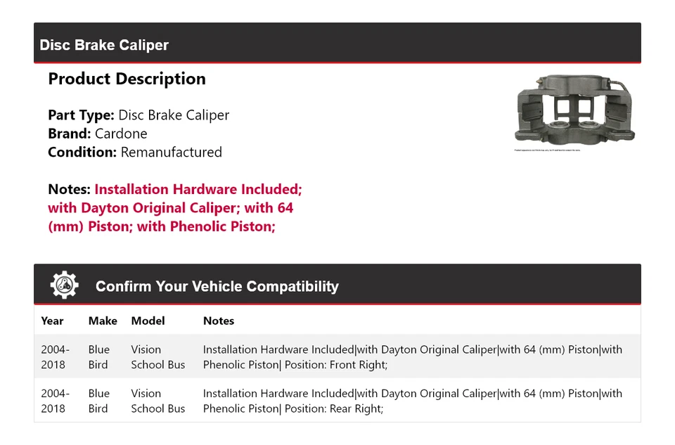 Суппорт дискового тормоза для школьного автобуса Blue Bird Vision 2004-2018 годов выпуска Cardone 2005 2006 годов выпуска - Изображение 2 из 4