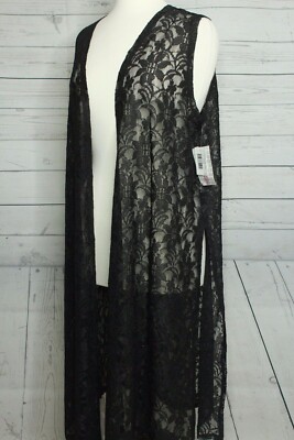NWT LuLaRoe M JOY in SOLID BLACK (Noir) LACE Floral Vest Duster UNICORN