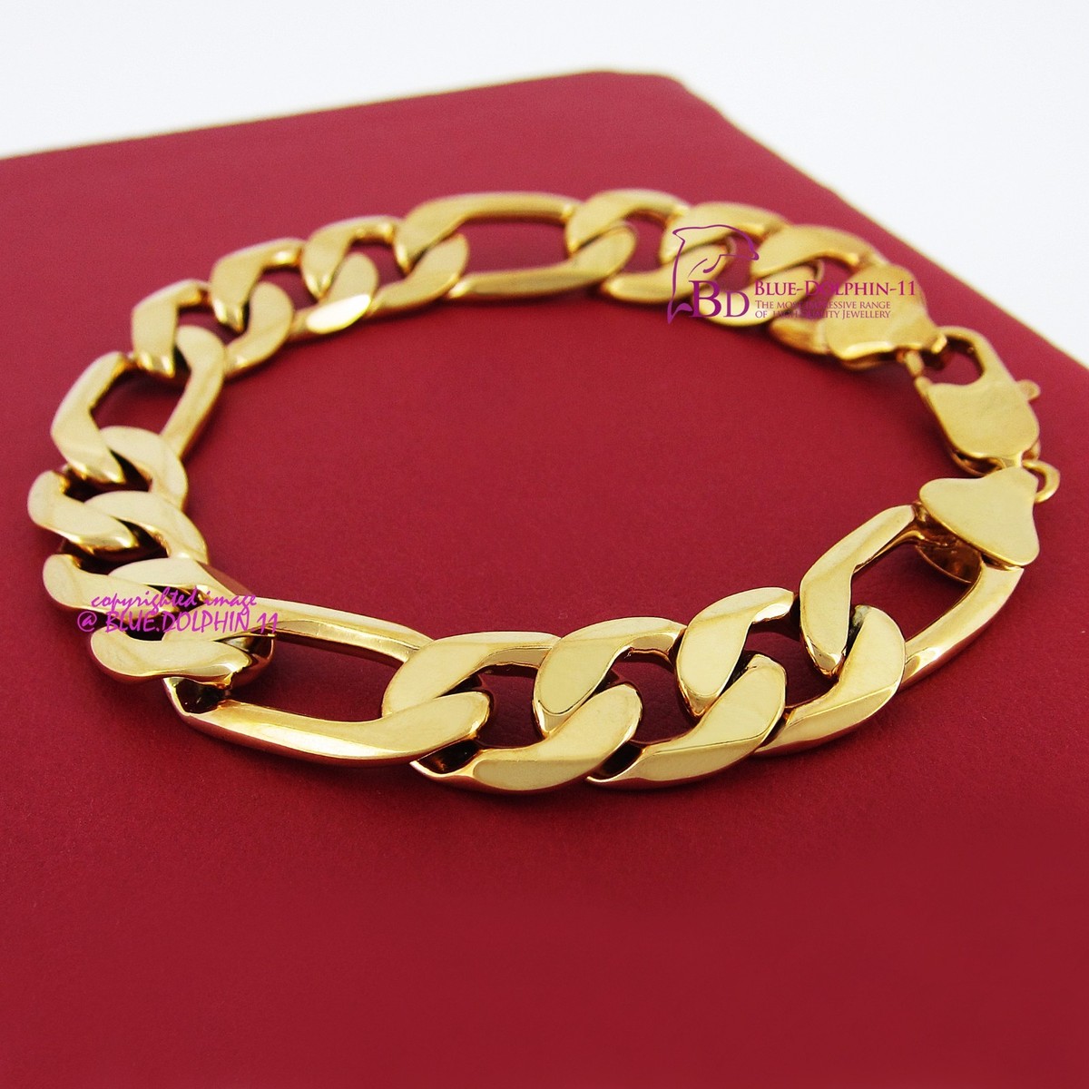 Mens Women Real Solid 9k Yellow Gold GF Figaro Bracelet Bangle Chunky Ring  Chain