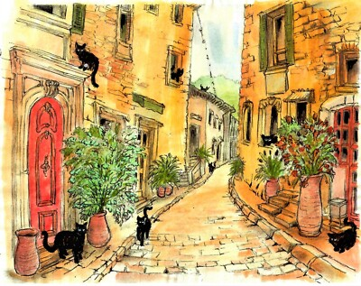 #ad Cats In An Italian Village Cat Art Italian Art Black Cat Art Cat Art DS $36.00