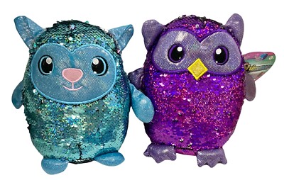 2 - Shimmeez 8'' Lamb Blue / Silver & Owl Purple Reversible Sequins Soft Plush